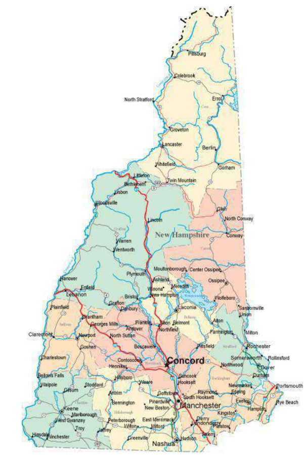 Map of New Hampshire showing cities and towns, highways, and rivers.