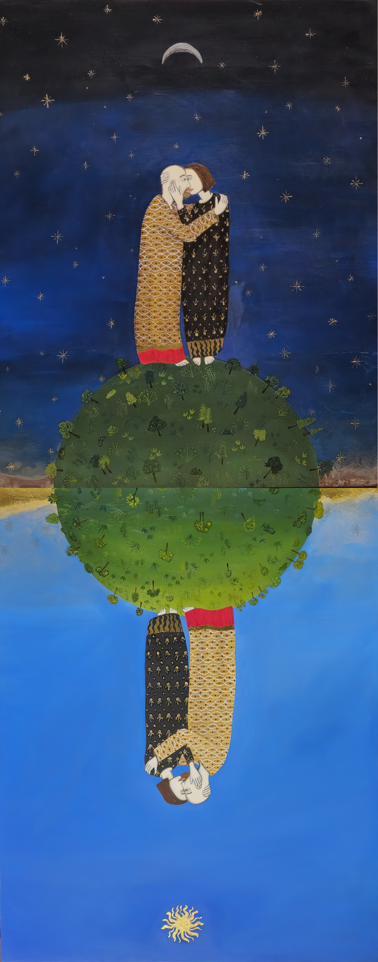 The Meeting, Oil, gold leaf, and silver leaf on panel, 40" x 16"