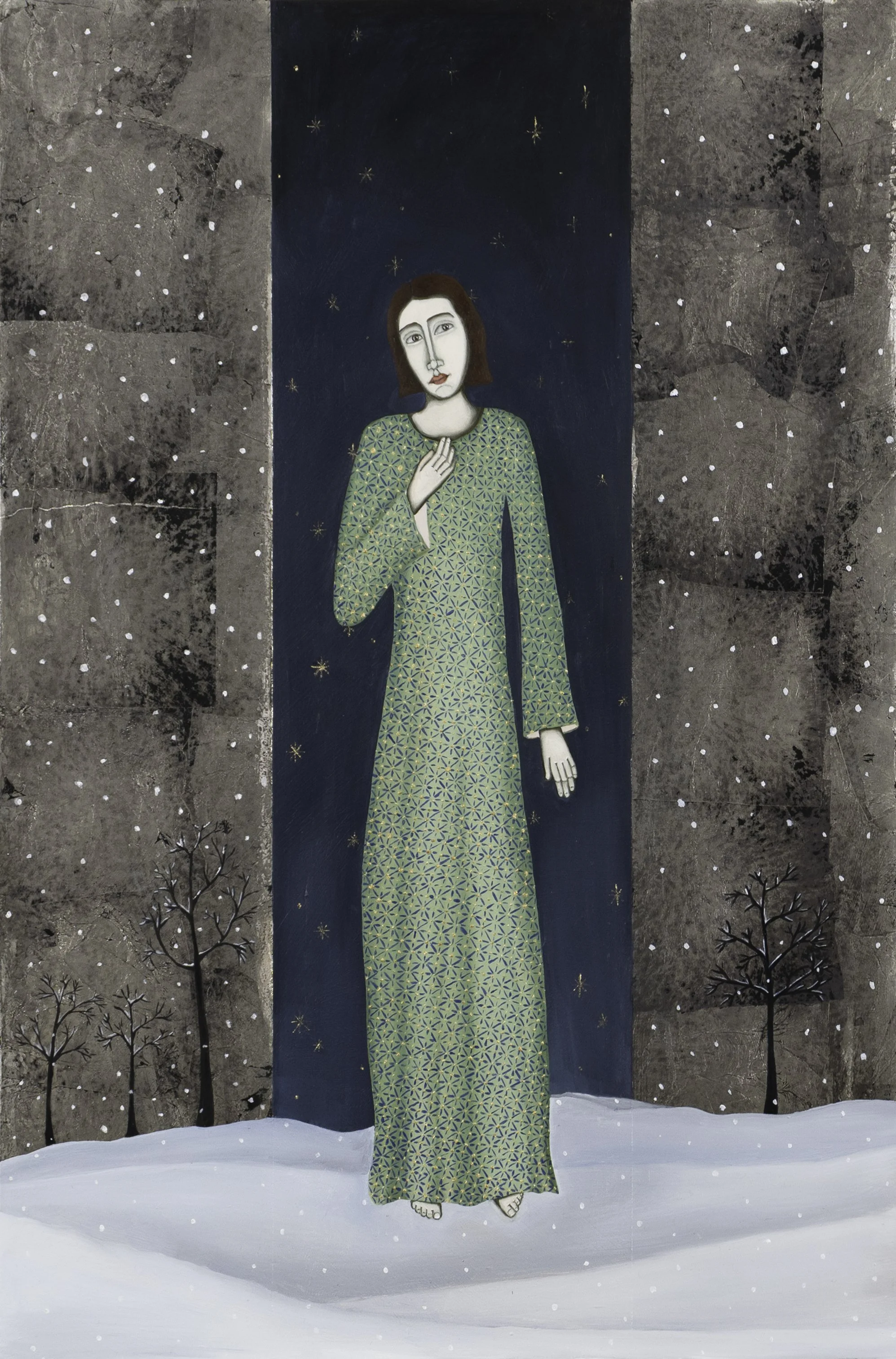 Long Winter III, oil and silver leaf on paper, 21" x 15"