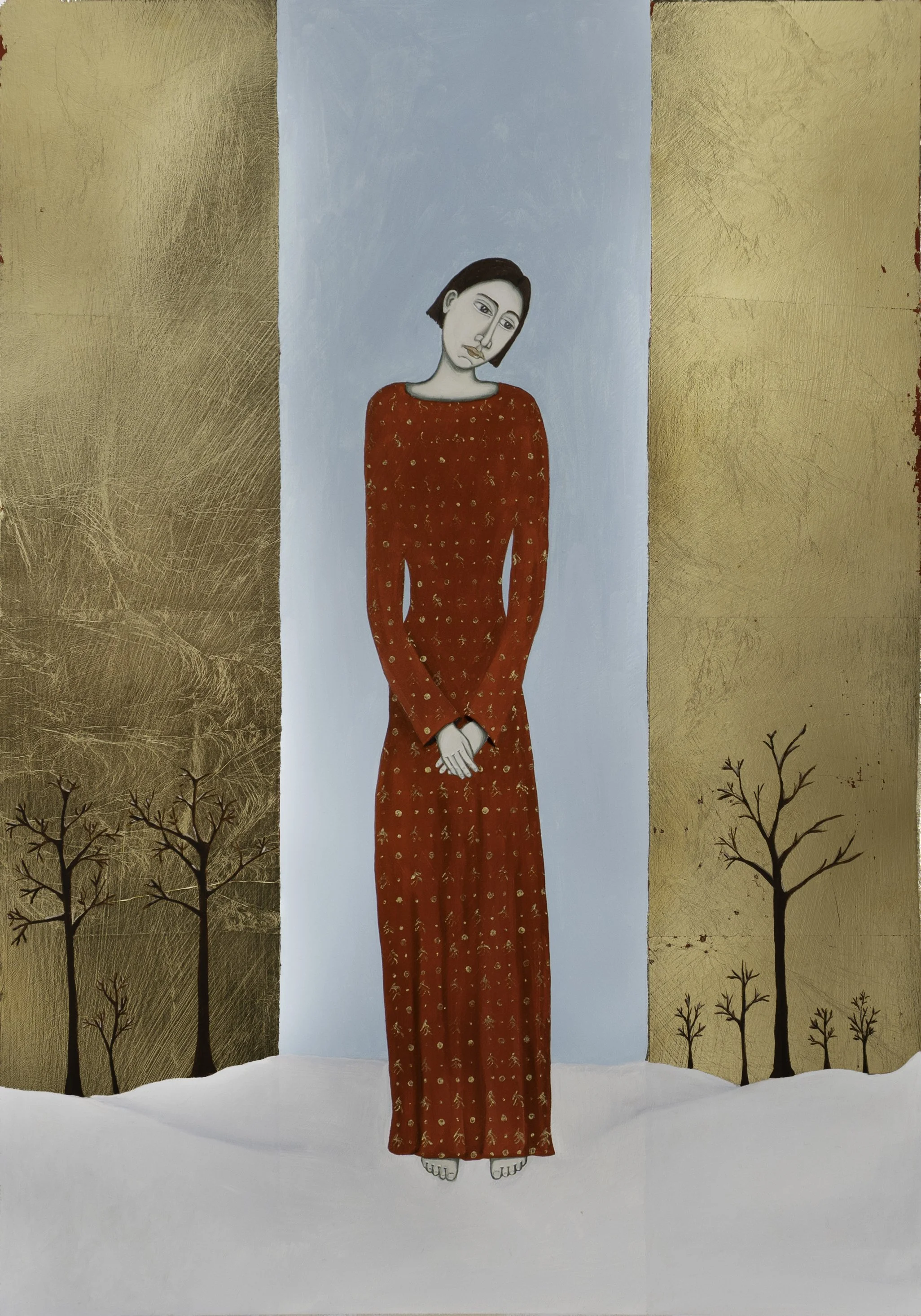 Long Winter II, oil and gold leaf on paper, 21" x 15"