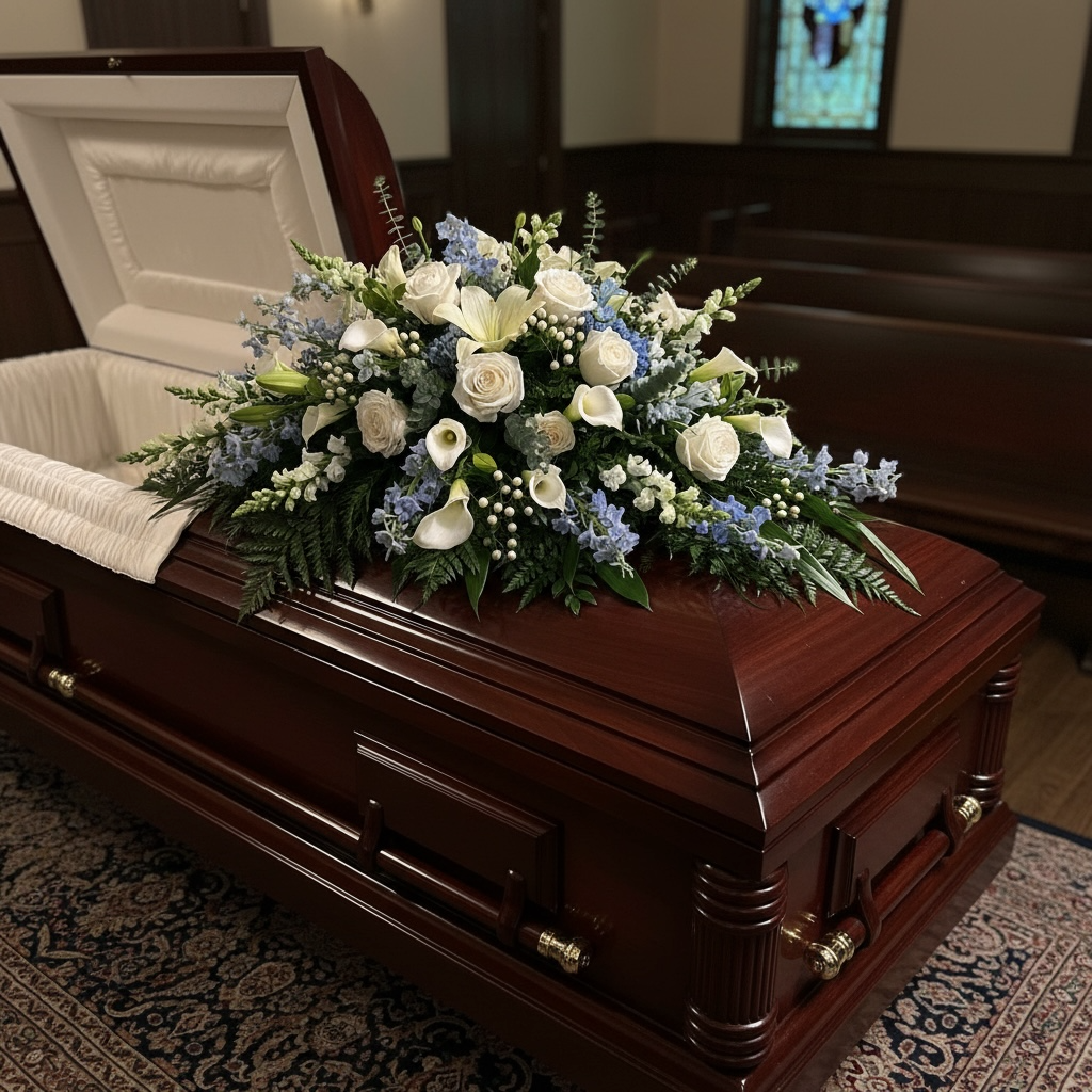 Deluxe White and Blue Casket Spray $350.00