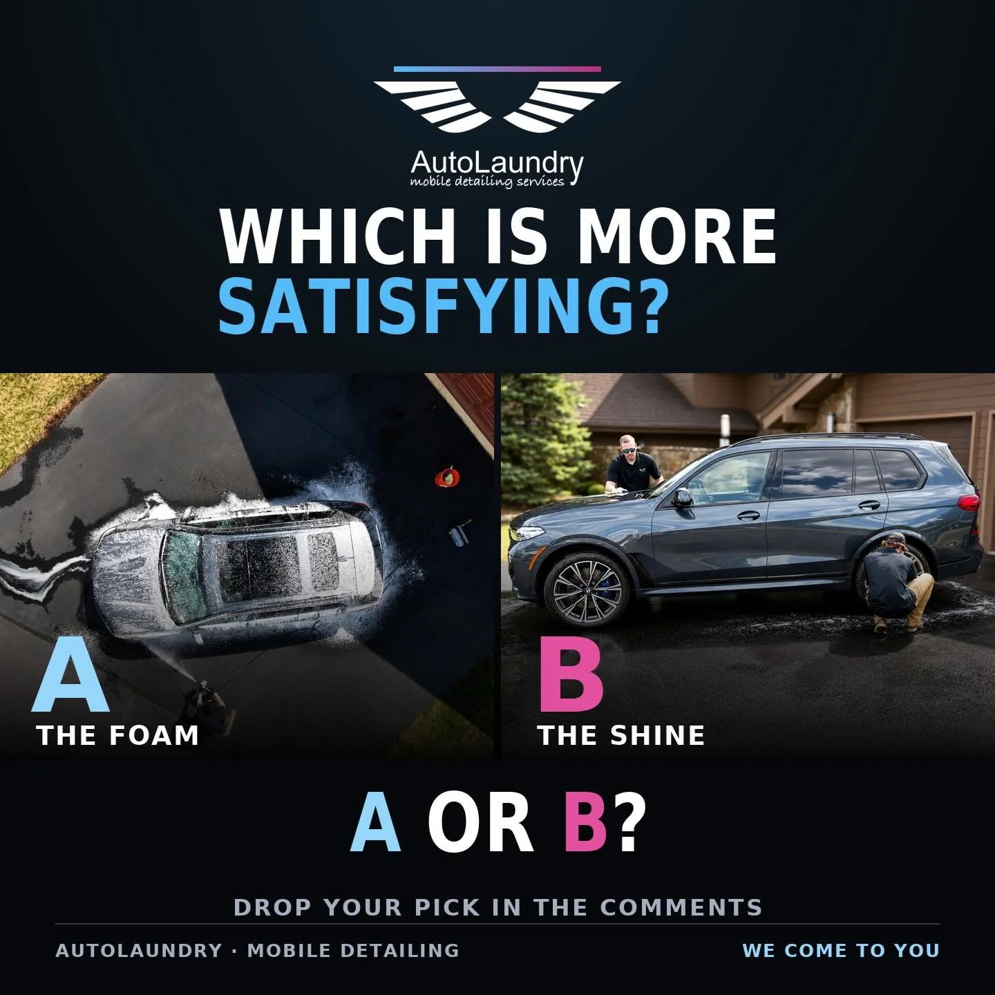 Settle a debate for us: which one hits harder &mdash; A or B? 👀

A) That first blanket of foam.
B) The final walk-around when it&rsquo;s glossy and done.

There&rsquo;s genuinely no wrong answer&hellip; but we need to know yours.

Drop A or B in the