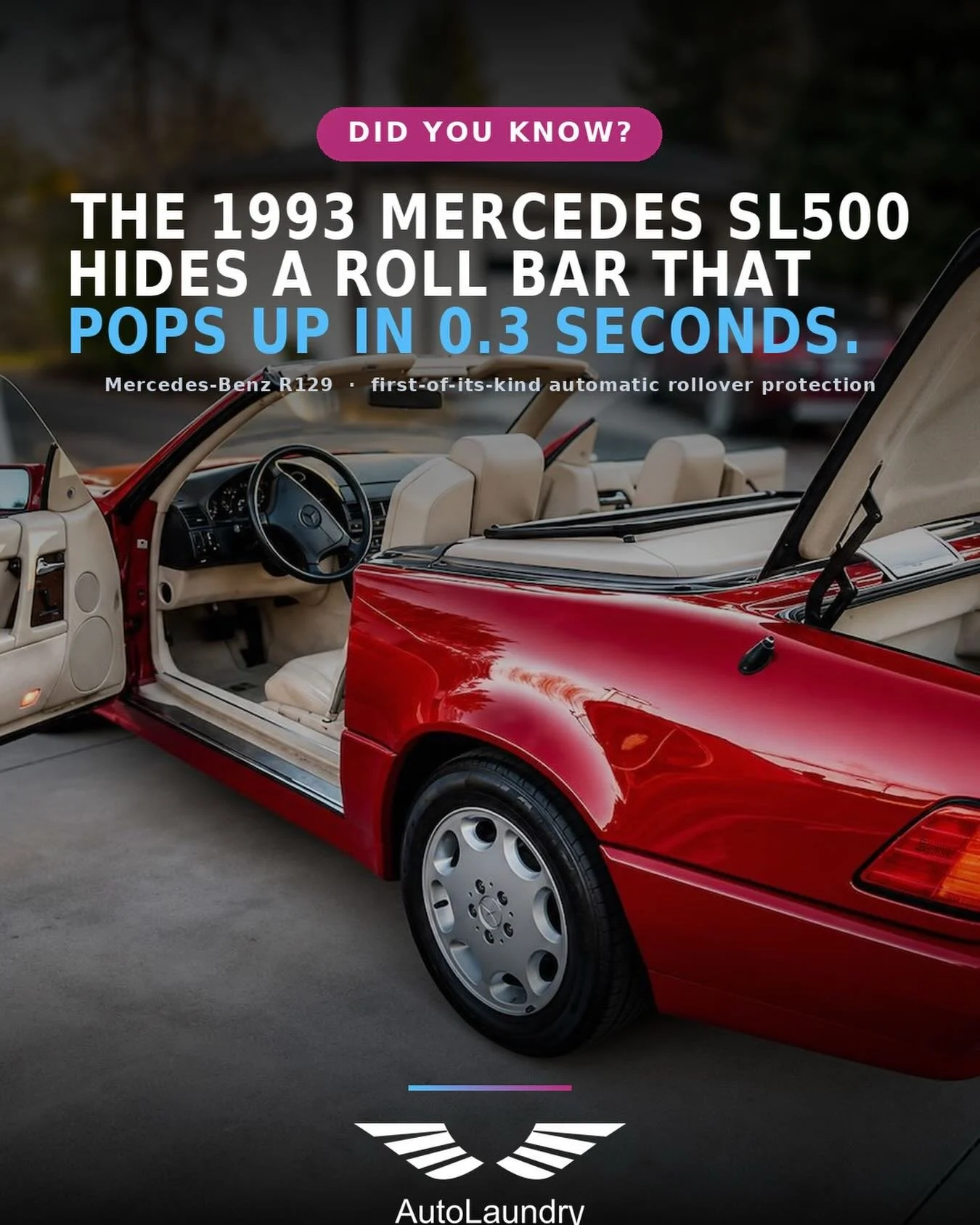 This 1993 SL500 is hiding a party trick 😎

The R129 Mercedes-Benz SL500 packs a roll bar that springs up from behind the seats in just 0.3 seconds the instant its sensors detect a rollover &mdash; and you can raise it manually with a switch too. It 