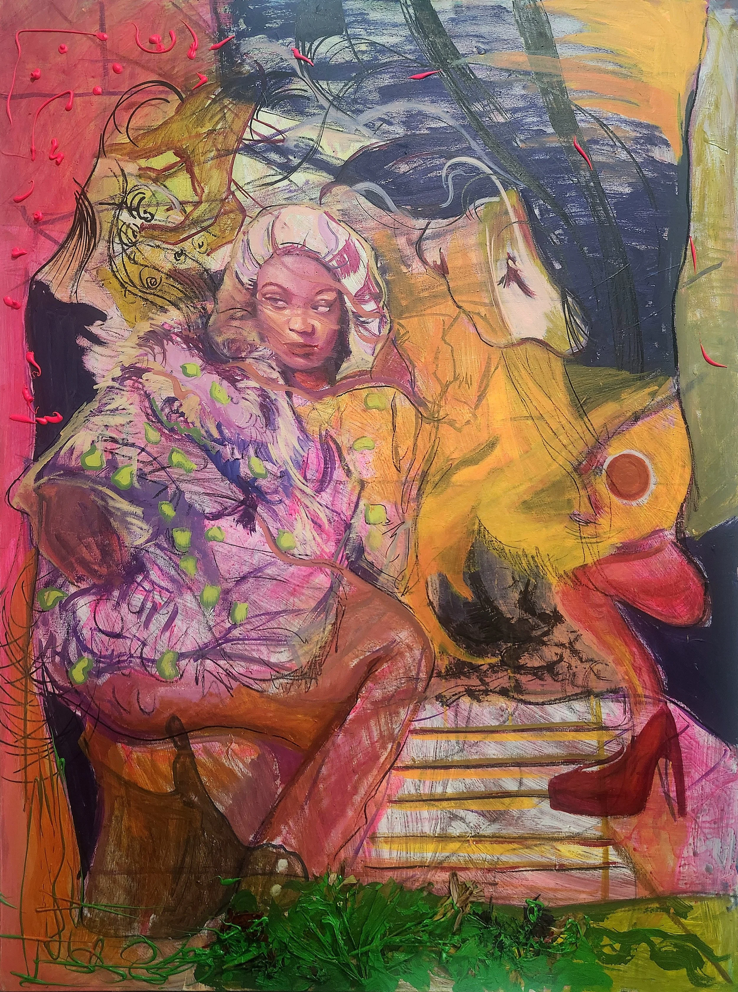 "The Voices Told Me About You"
48" x 36"
Oil, acrylic, charcoal, and flowers on canvas
2025