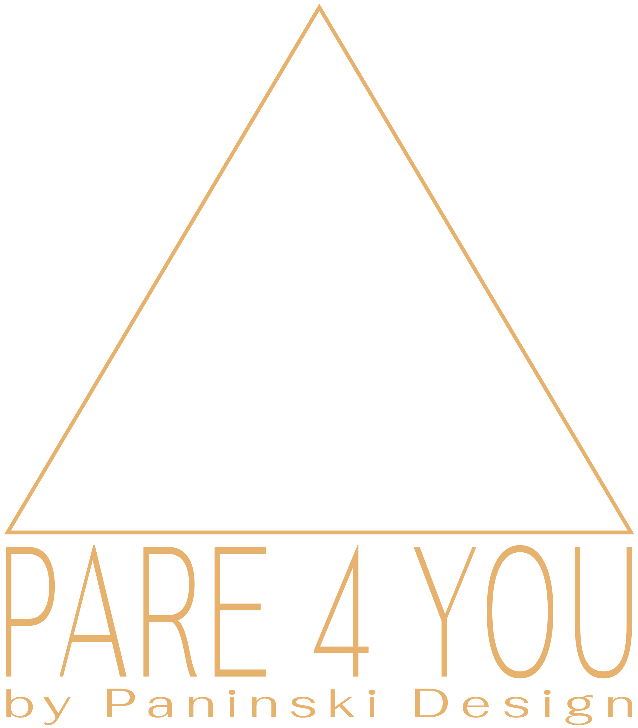 Ein Logo mit einem großen, schwarzen Dreieck mit goldener Umrandung, darunter der Text "PARE 4 YOU" und "by Paninski Design" in goldener Schrift.