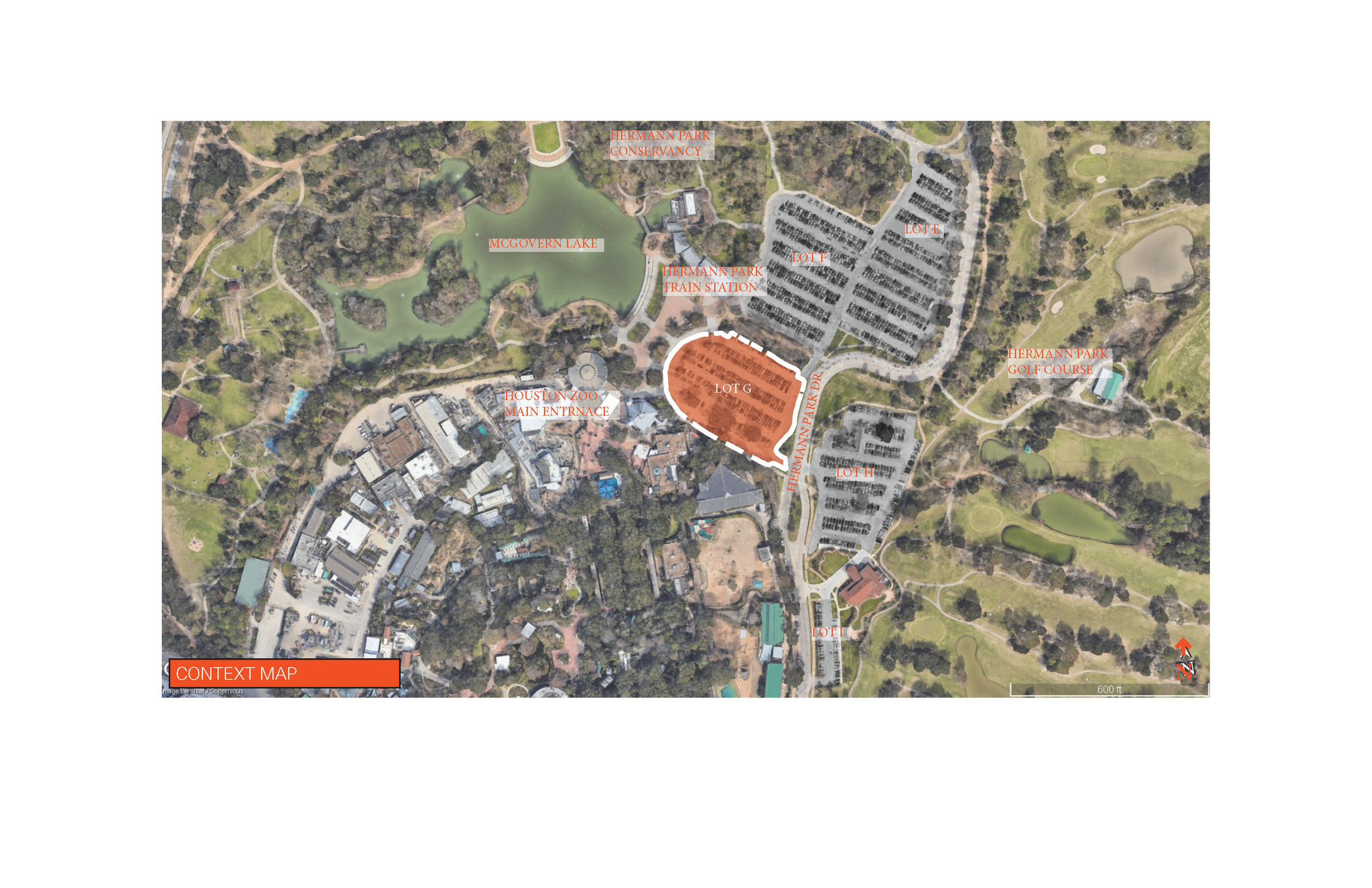 The site is situated among a sea of parking, and adjacent to housing, Museums and Herman Park