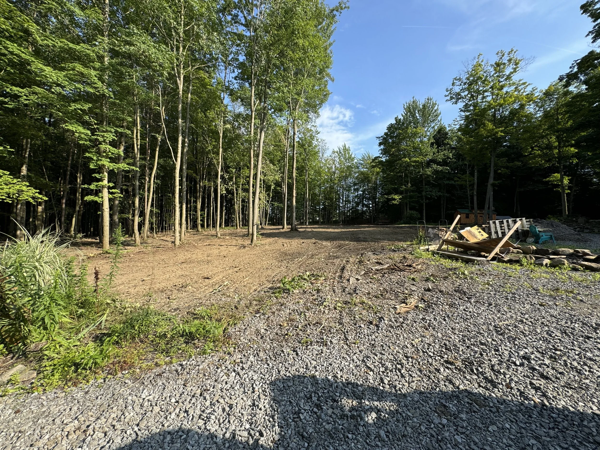A cleared outdoor area next to a wooded forest with a mix of tall green trees under a partly cloudy blue sky. There is a gravel path or driveway with some scattered wood and outdoor furniture on the right side.