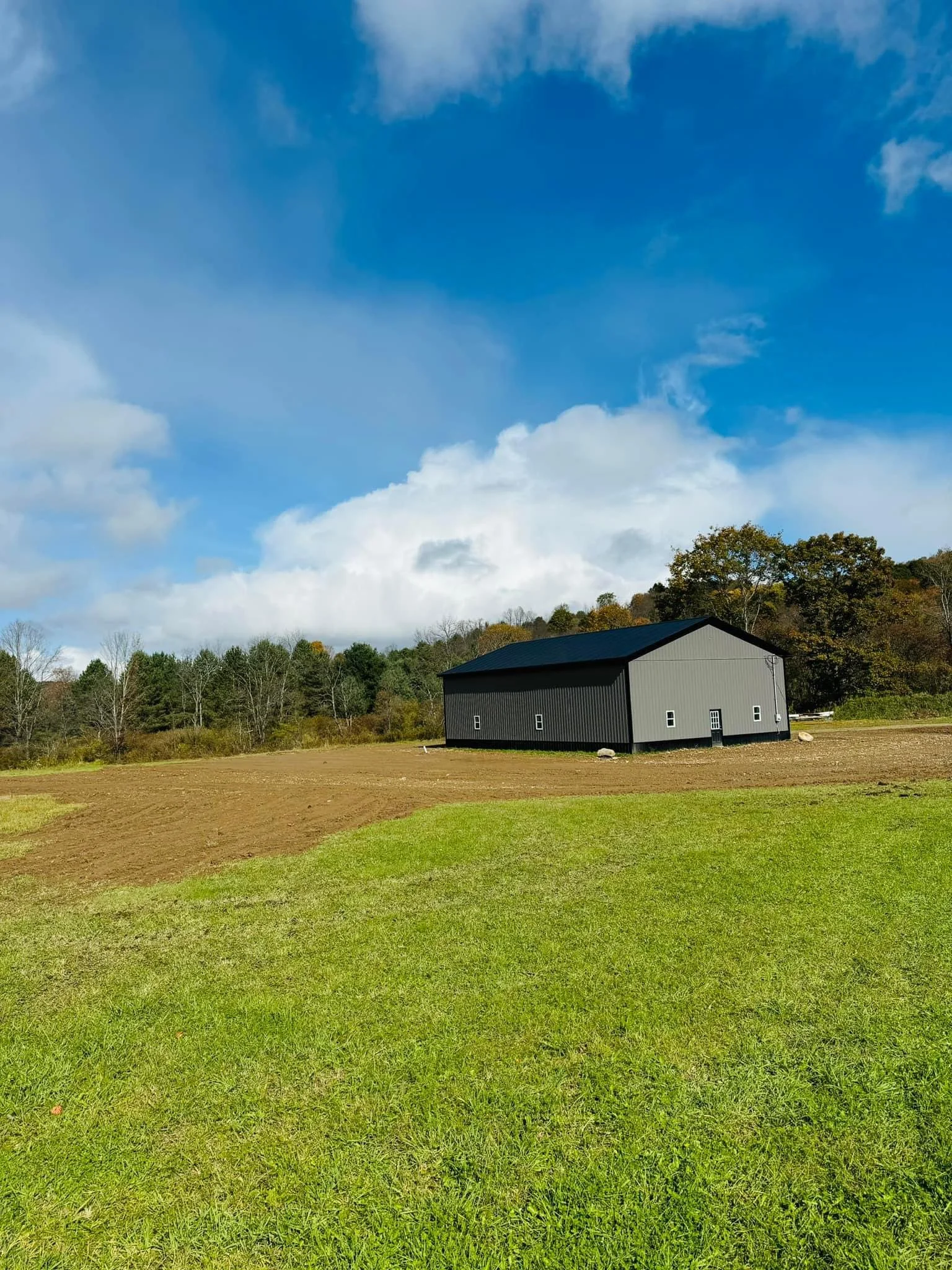 A gray barn on a grassy field with a blue sky and scattered clouds, trees in the background.