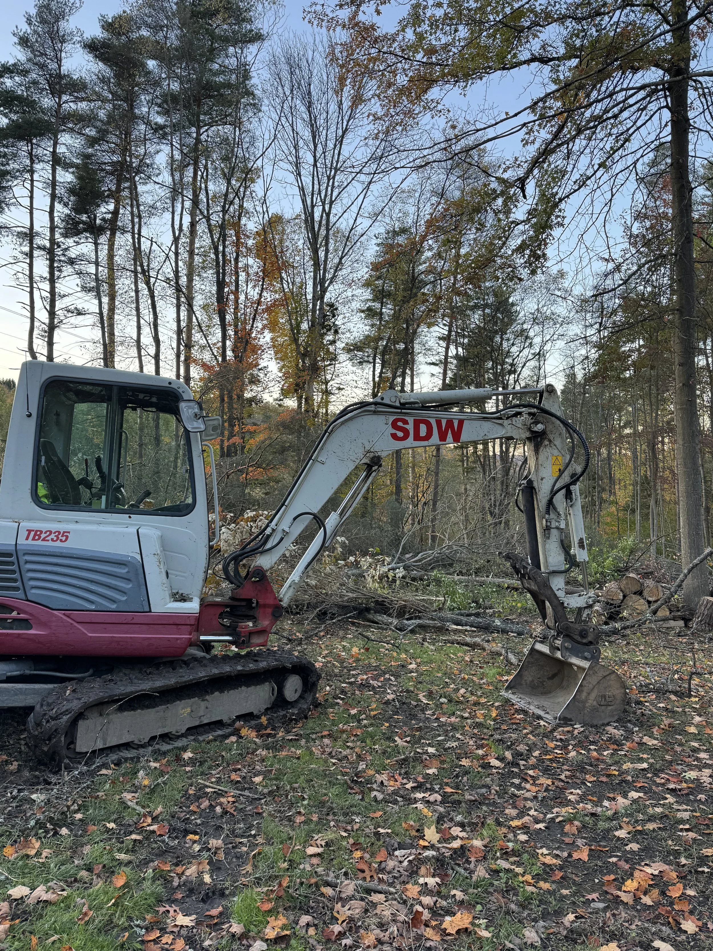 A small excavator with the letters SDW and model TB235 is on a wooded area with fallen leaves and trees, some of which have been cut down.
