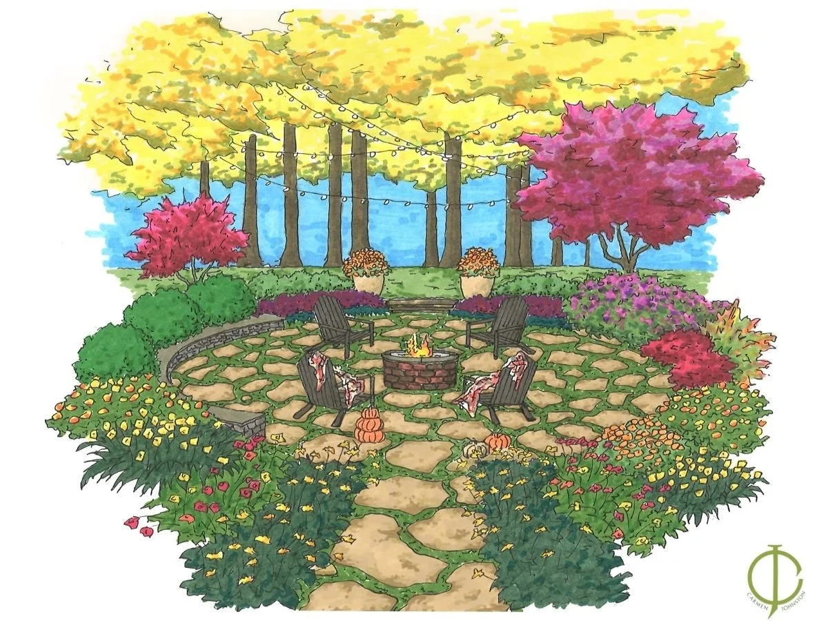 Artistic rendering of Fall firepit garden surrounded by colorful seasonal plantings, with autumn foliage, warm outdoor seating, and a cozy gathering area designed for enjoying crisp fall evenings.