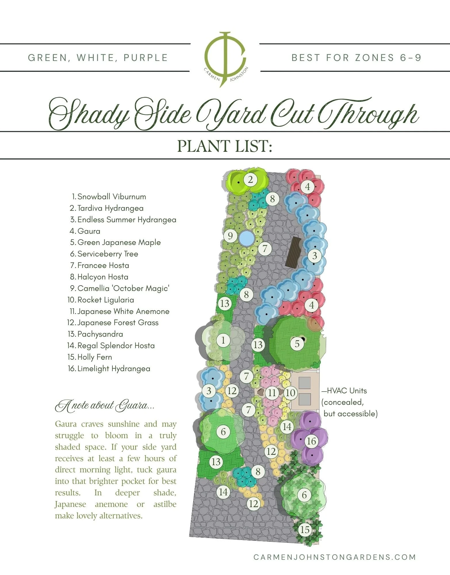 Numbered overhead planting map for the Shady Side Yard Cut Through design showing plant placement along a stone path corridor