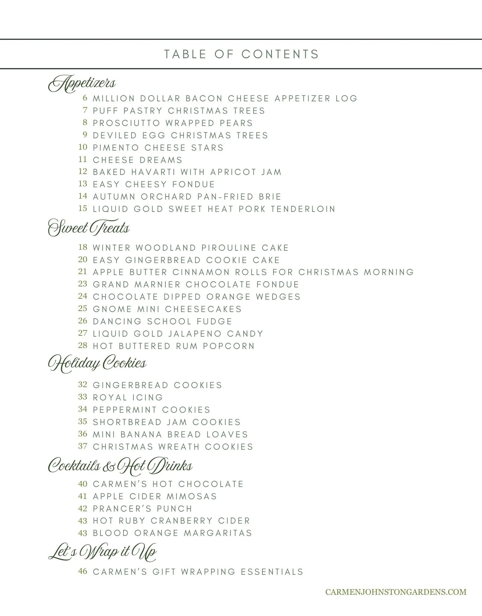 Holiday Recipe Table of Contents