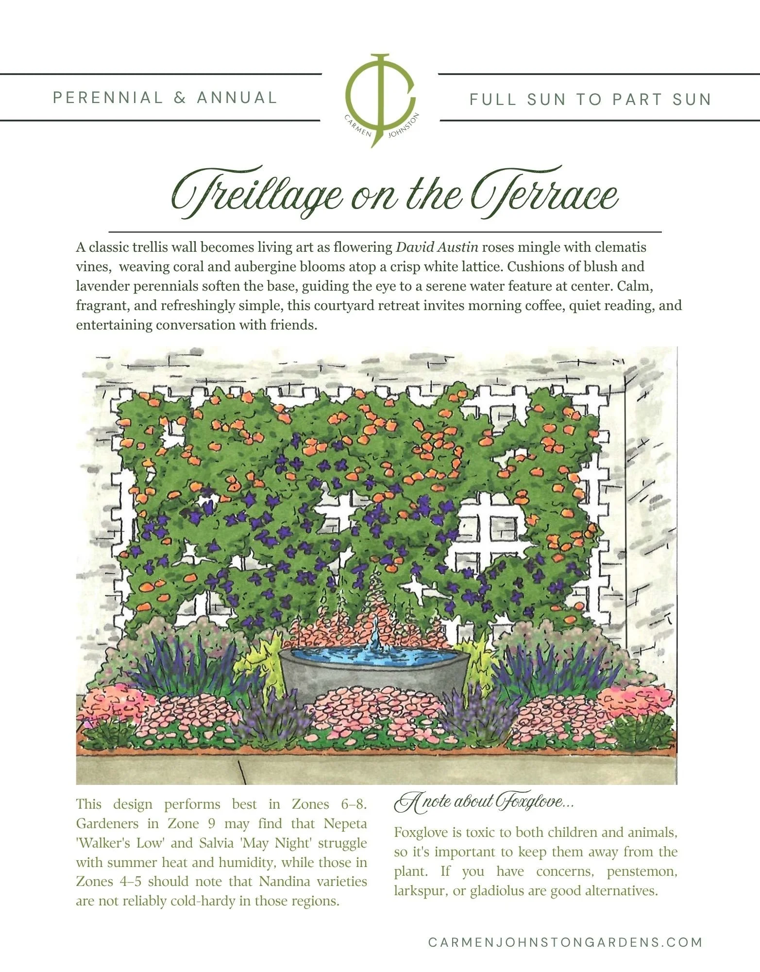 Illustrated courtyard garden with a white lattice trellis wall covered in coral roses and purple clematis, centered around a stone fountain.