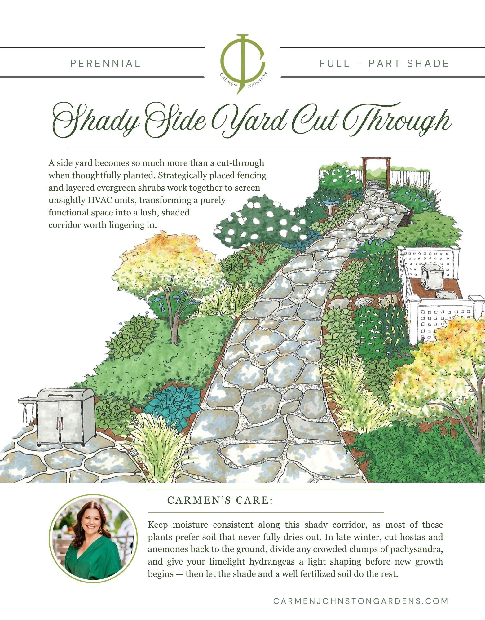 Illustrated shady side yard garden with a stone pathway flanked by layered shade plantings, HVAC units screened by shrubs and fencing, and a gate visible at the far end