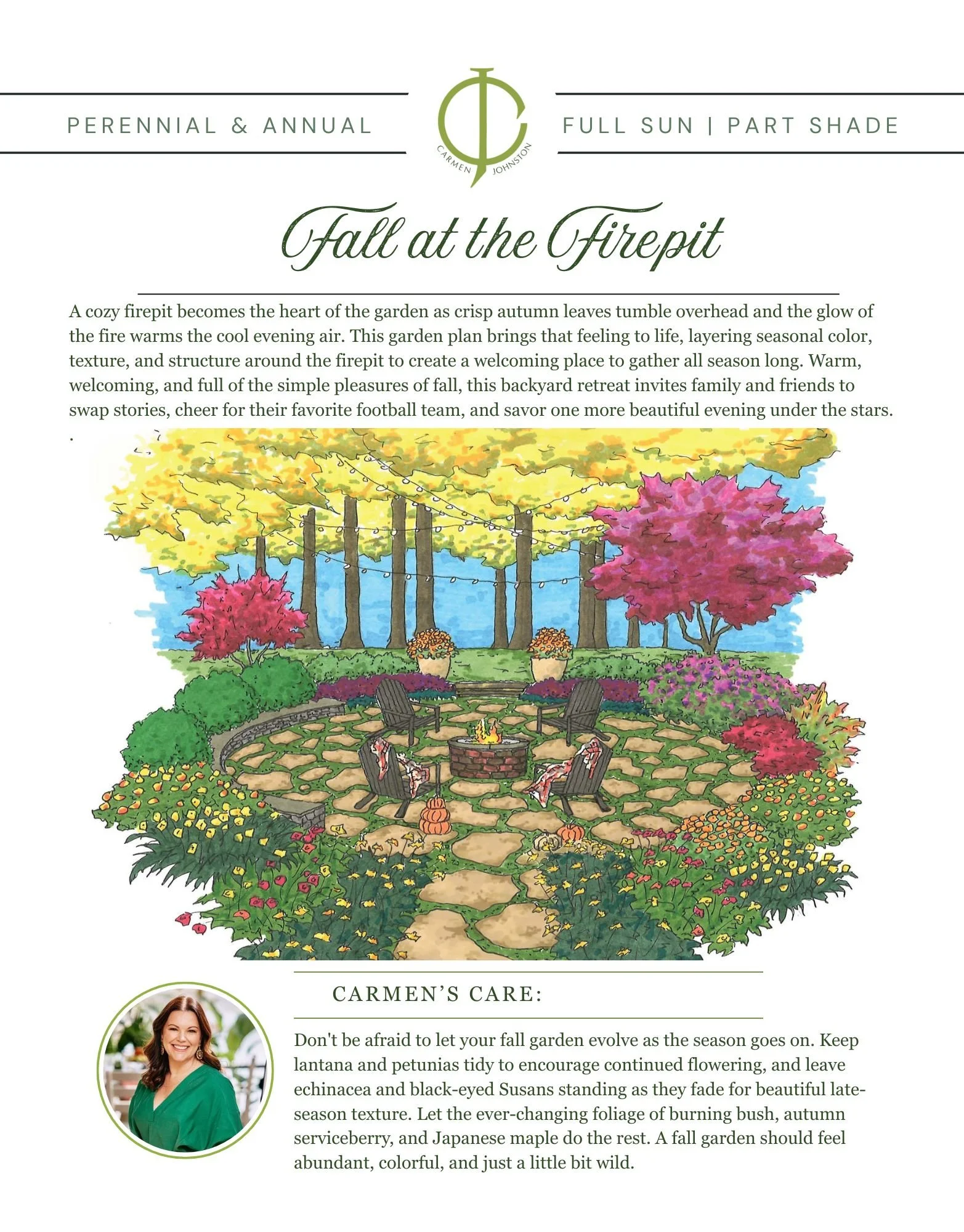 Garden plan by Carmen Johnston with artistic rendering of fall firepit and plantings around a rock