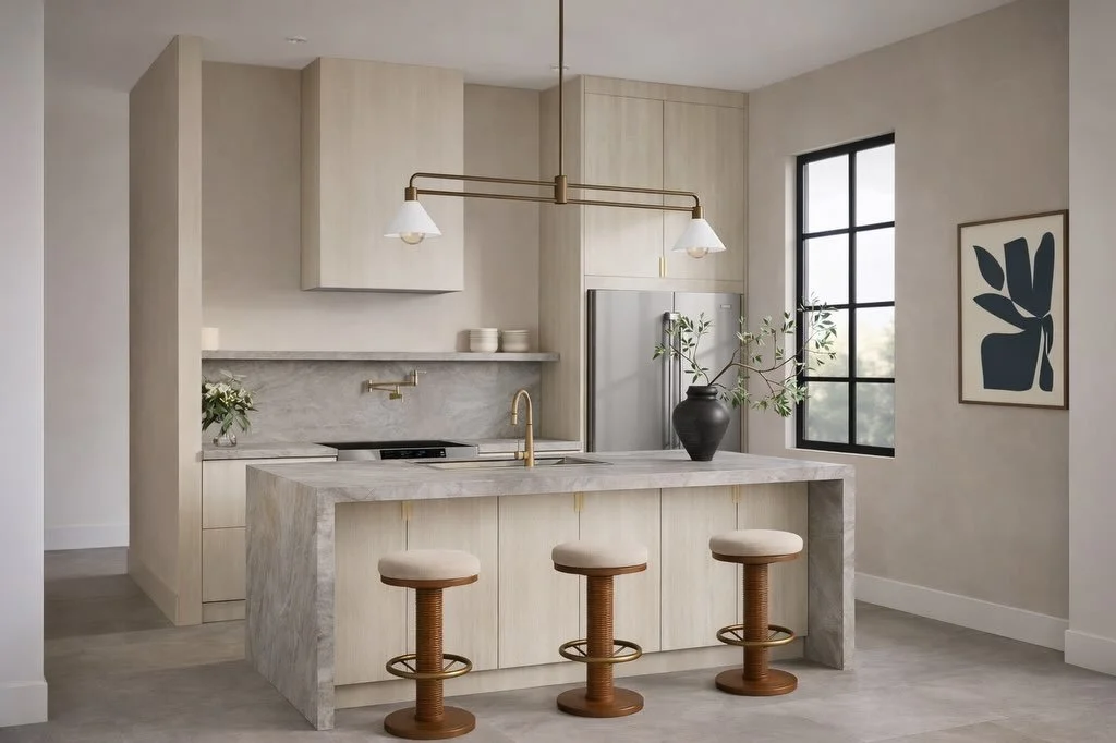 Warm minimalism at its finest&mdash;soft wood tones, sculpted stone, and brass accents come together to create a kitchen that feels calm, elevated, and effortlessly timeless. A space designed for both everyday living and quiet luxury.

Project: KE Re