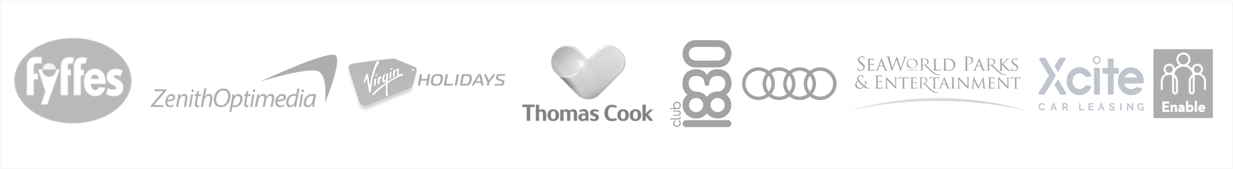 A series of logos from various companies, including Fyffes, ZenithOptimedia, Virgin Holidays, Thomas Cook, Club 1830, Audi, SeaWorld Parks & Entertainment, Xcite Car Leasing, and Enable.