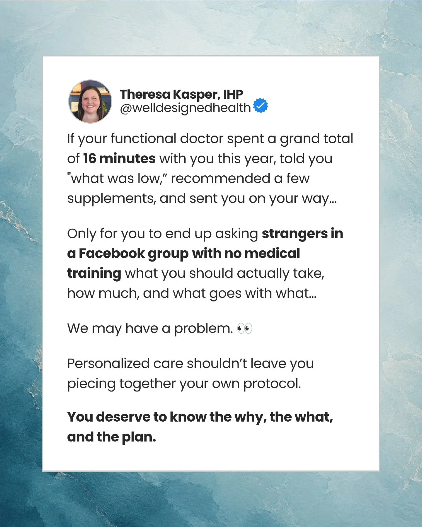Recommendations are easy. Personalized care is different.

I don&rsquo;t want my clients leaving an appointment with a list of supplements and 17 new questions.

I want you to understand what we&rsquo;re working on, why I&rsquo;m recommending what I&