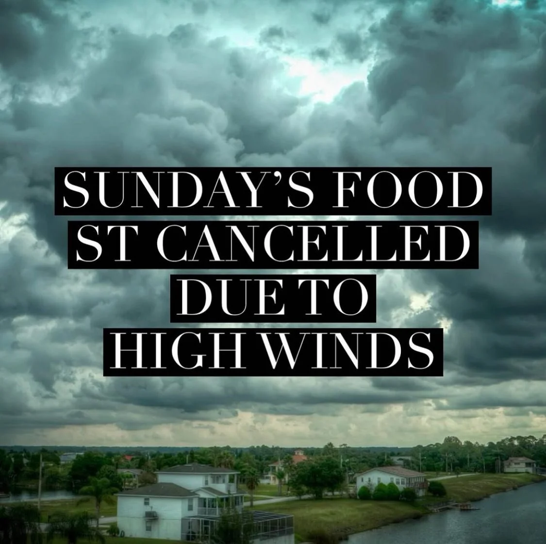 Sorry to let you know that we are cancelling Food St market tomorrow due to the forecast high winds. The Met Office currently predicts they will be 50mph for setup, rising to 53mph when we start trading at 11am, which is just too dangerous to trade.

