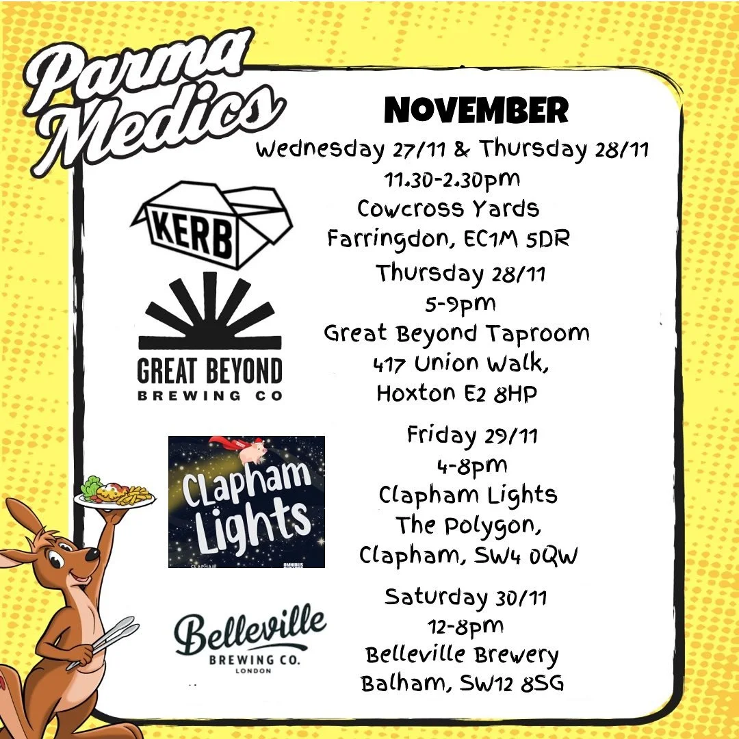 This week you&rsquo;ve got 5 chances to get your Parma Fix! 

We&rsquo;re at Kerb Cowcross Yards on Wednesday and Thursday lunchtimes, then off to @greatbeyondbeer Taproom for an evening session in Hoxton. 

Friday afternoon you&rsquo;ll find us in C