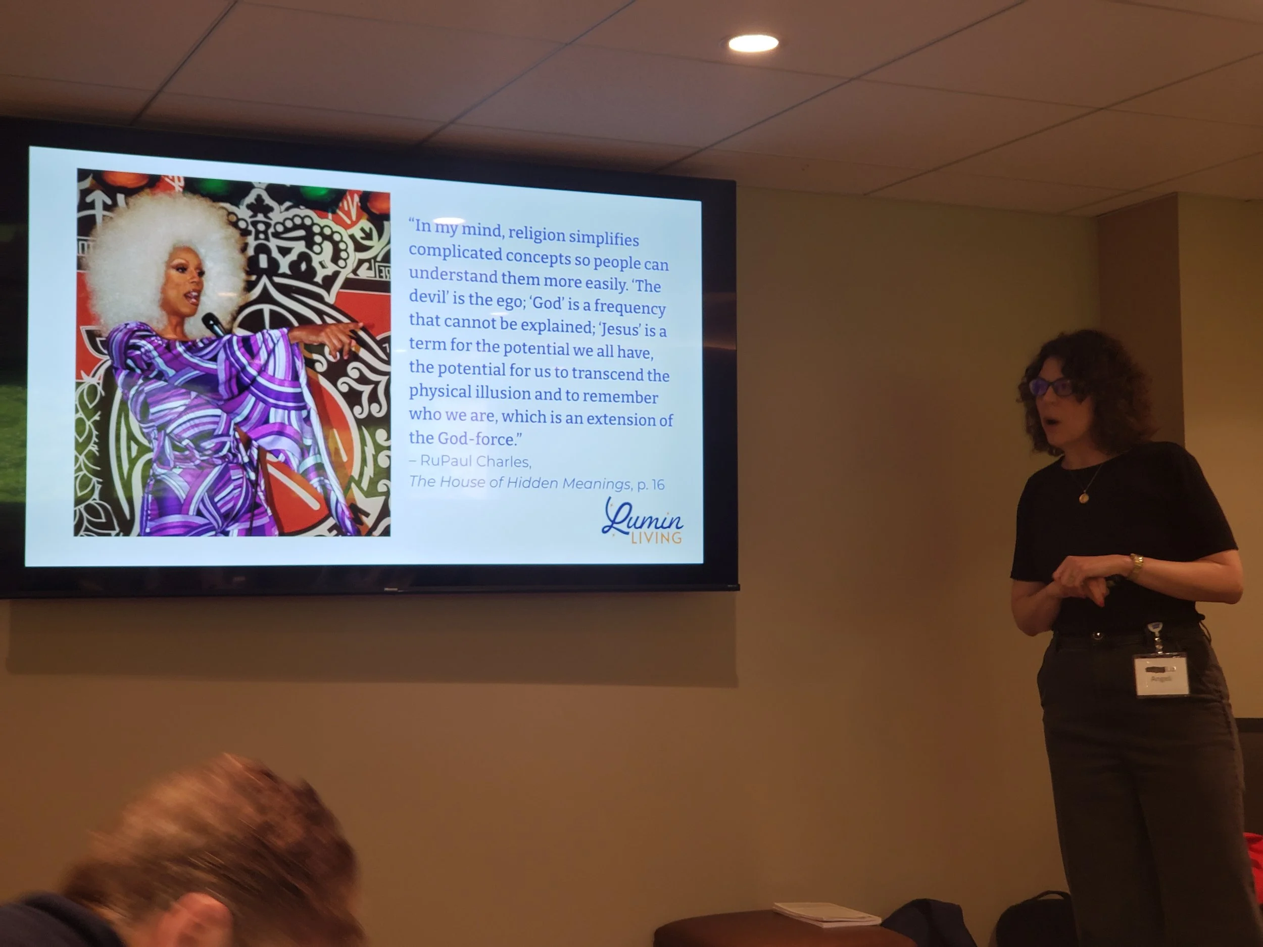 Liz leading a faculty retreat on Finding Your Foundation. This retreat integrates the voices of unexpected spiritual leaders, like RuPaul. Photo credit: Courtney Johnson-Paez.