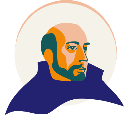Stylized digital illustration of St. Ignatius. He wears a blue robe and a beard, and his head is bald and surrounded by a golden halo.