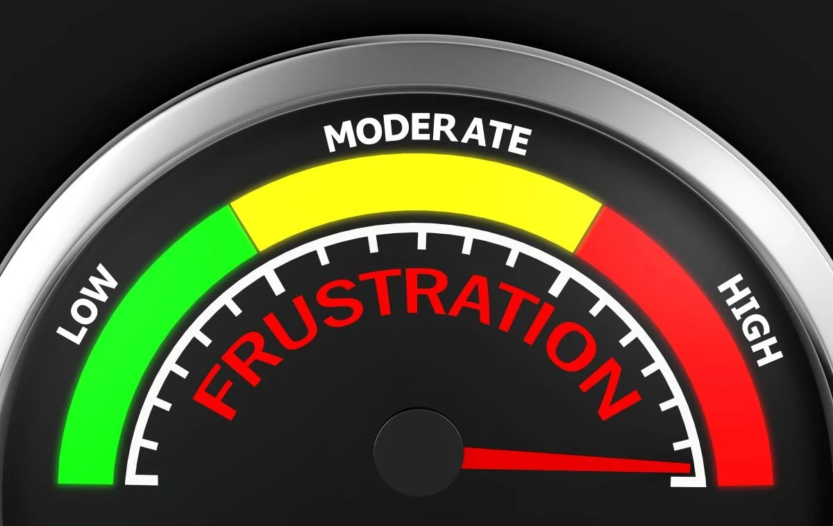A gauge for frustration with low, moderate, and high settings shows the indicator all the way to the far end of "high" frustration in the red zone.