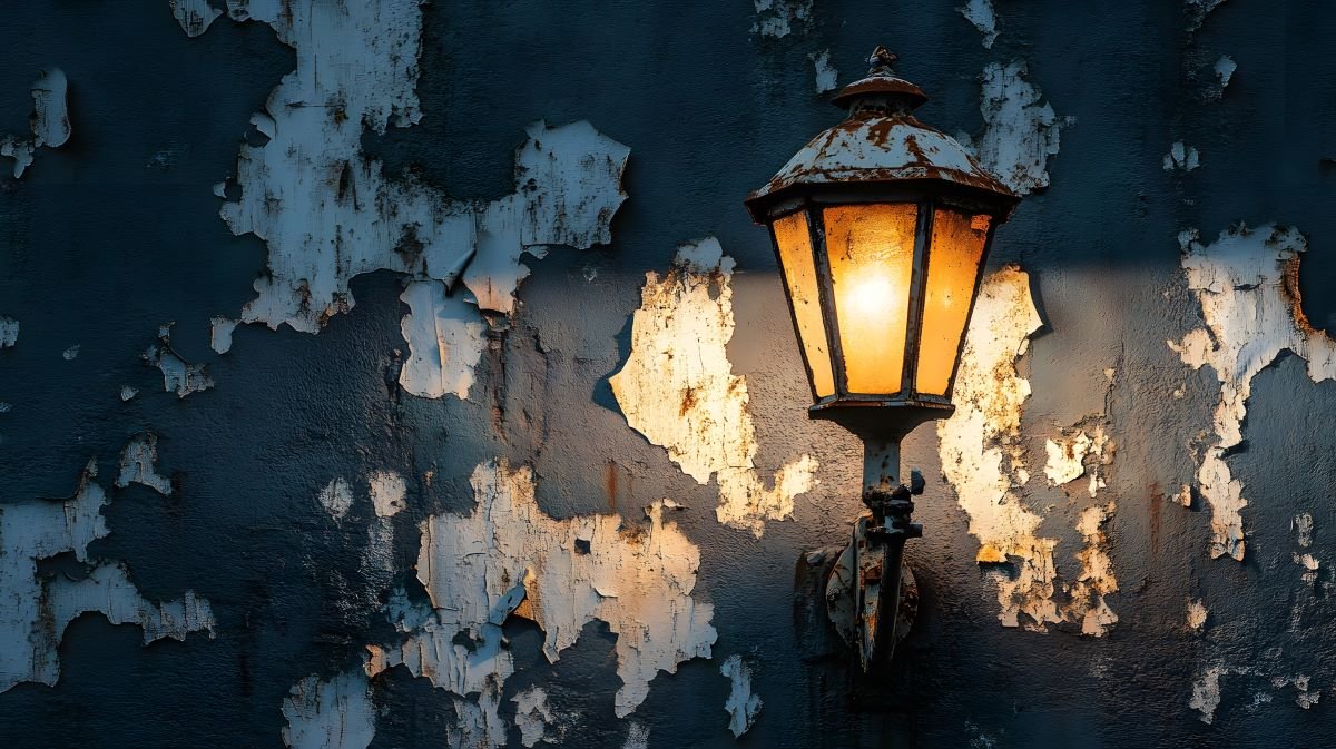 A dimly lit lantern-style street light sconce illuminates an exterior wall with grey flaking paint.