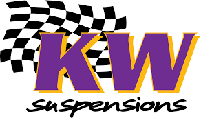 Logo of KW Suspensions with purple letters and a black and white checkered flag pattern in the background.