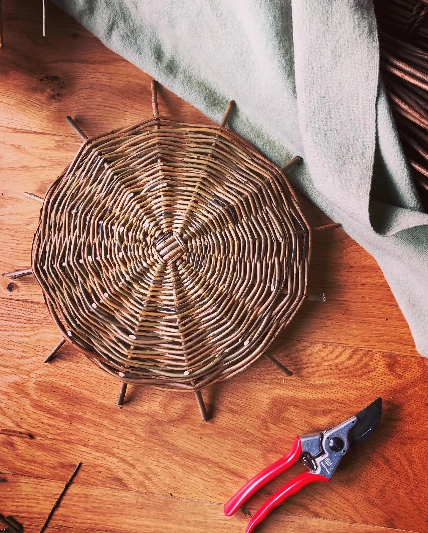 A round woven willow basket base on a wooden surface, alongside secatuers and a green cloth.