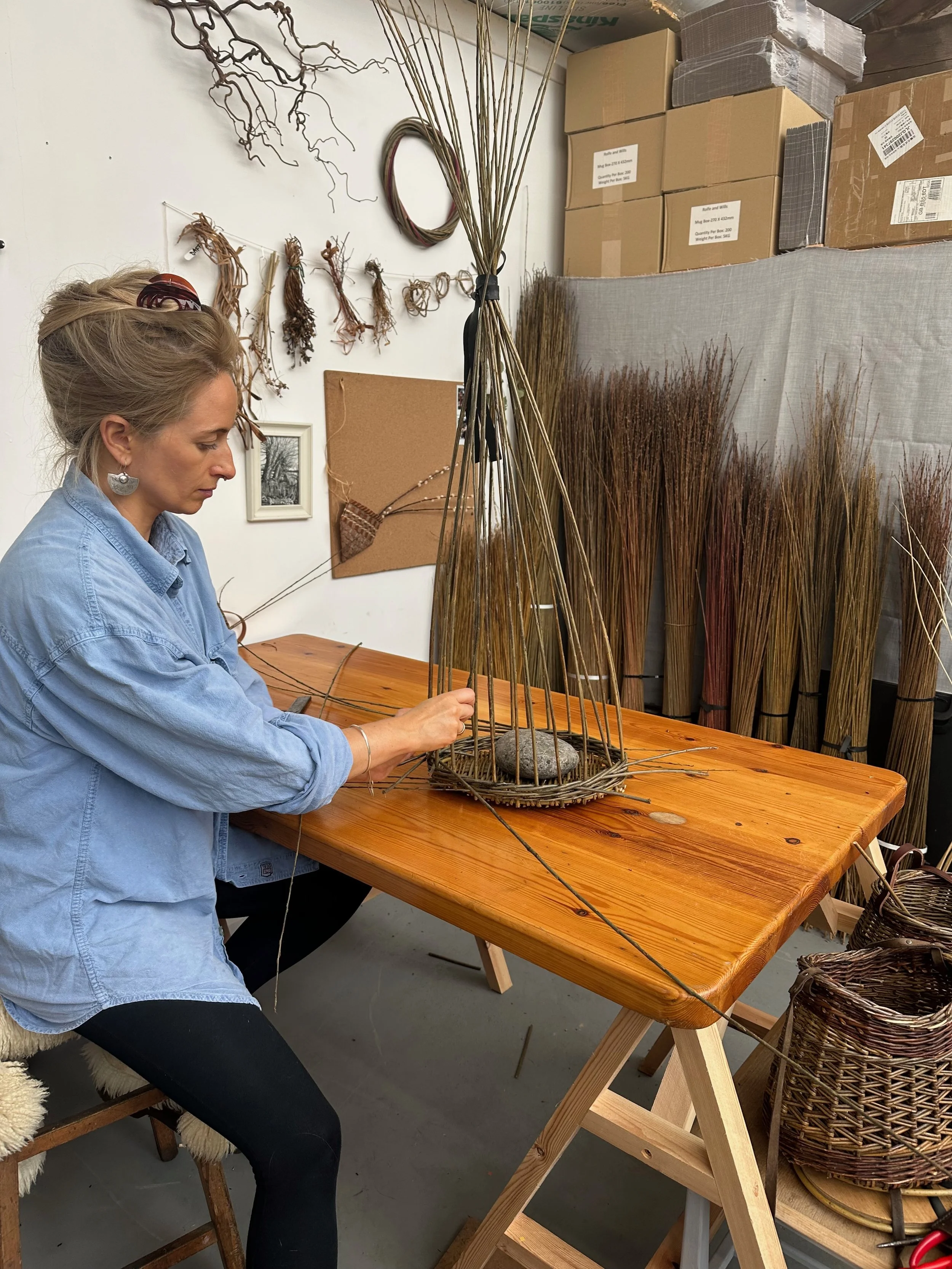 making a willow handbag in the studio