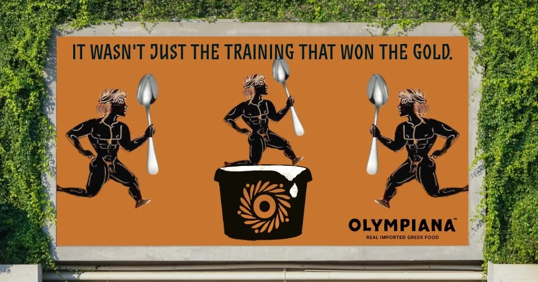 Finally our outdoor board features the same characters training for the Olympics and fueling with Olympiana.