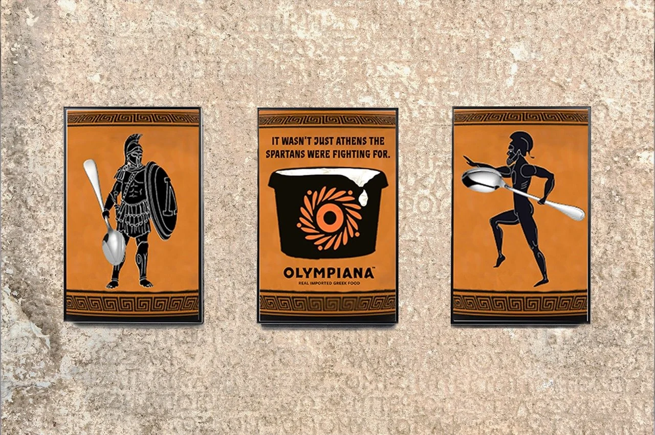 Our outdoor transit series takes the greek pottery style but creates our own mythological characters with comically large spoons.