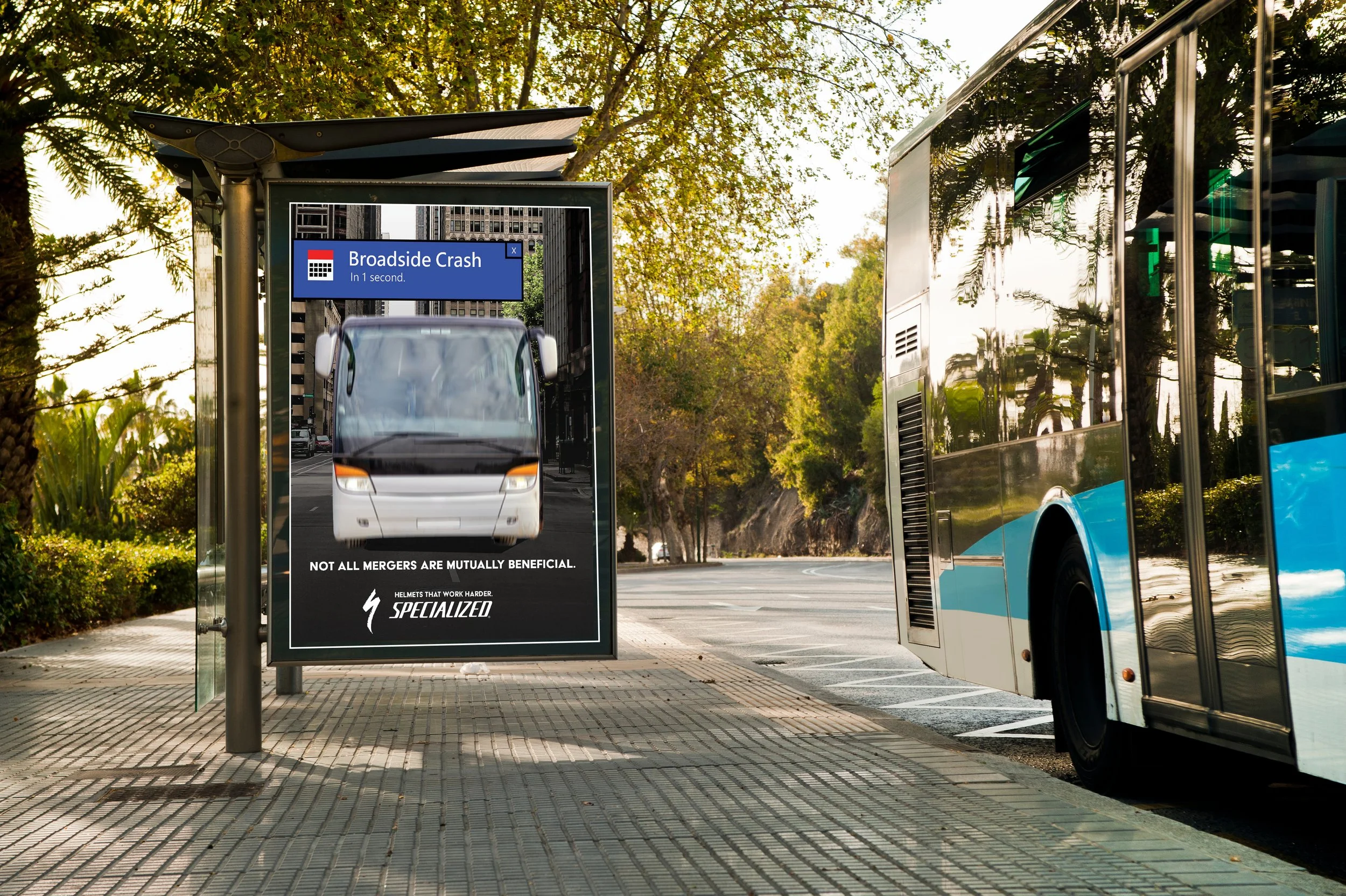 Outdoor transit ad, works well with the humor and irony of the campaign putting a bus crash on a bus station.