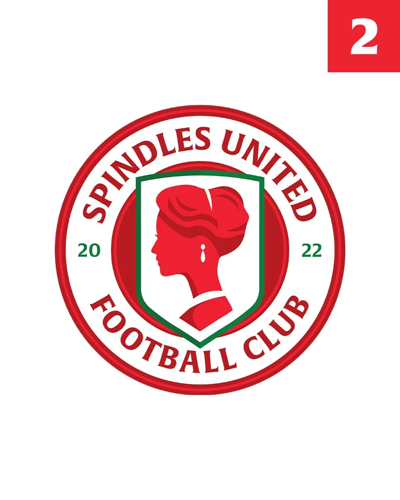 Logo of the Spindles United Football Club featuring a red silhouette of a woman with styled hair and a small tear or drop earring, encircled by the club name in red letters, with '2022' split on either side, all on a white background.