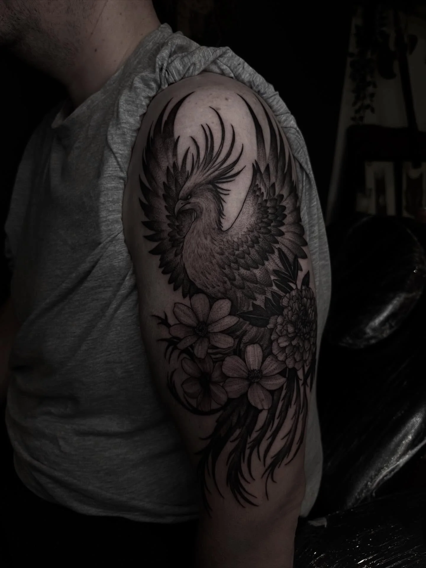 Phoenix for Harry. Always terrifying tattooing family &amp; close friends (idk why) but he smashed this for his first tattoo! 🐦&zwj;🔥
Phoenix and birth flowers but brina style!