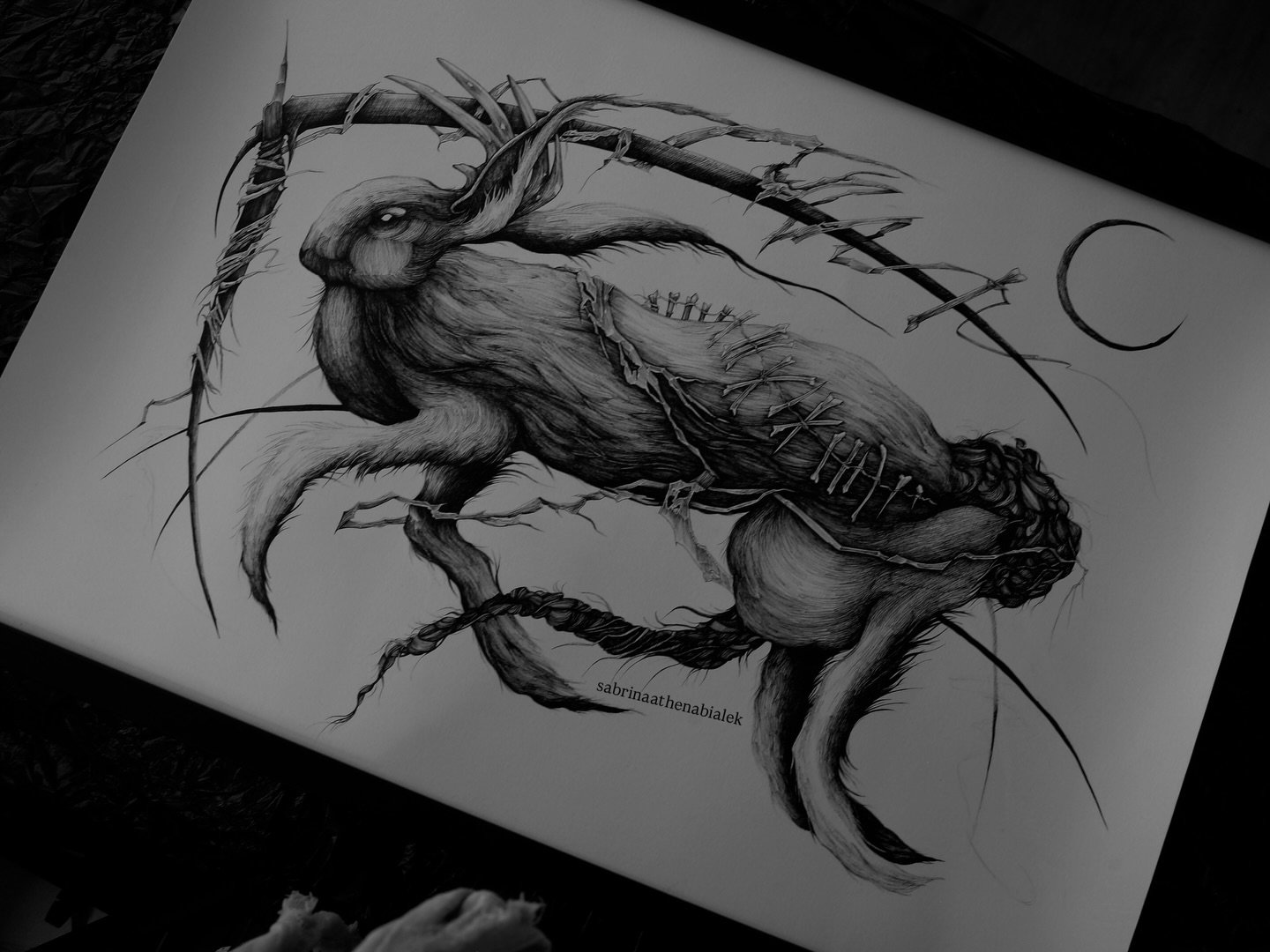 &lsquo;The Black Rabbit&rsquo; for the studio @blackrabbitatelier 

A2 original drawing on heavy weight 300gsm paper. Using @uniball_uk 🖊️🪾

#darkart #darkwork #rabbit #rabbitart #drawing