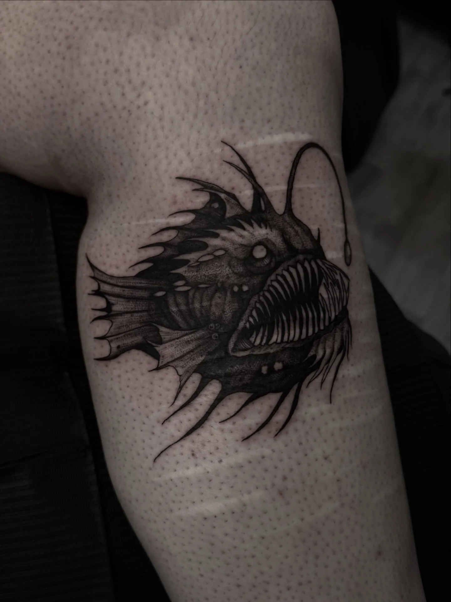 Angler fish 
I made matching fishies for two lovely people. Will post the other separately! Thank you 🐚

#darkart #anglerfish #blackwork #darktattoo #deepseacreatures