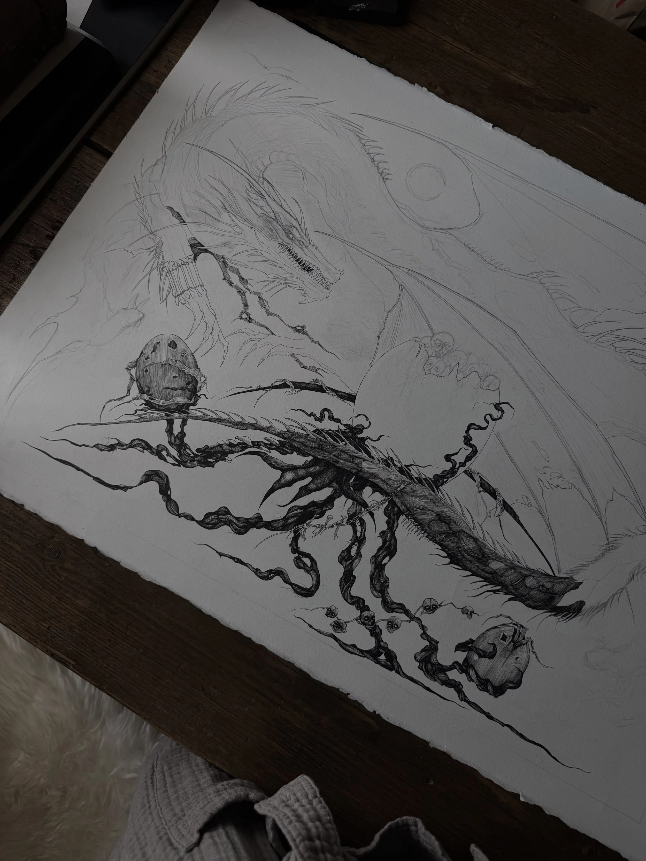 Progress of this piece. 

I&rsquo;ve kind of neglected my larger drawings for a few weeks due to a suspected endometriosis flare up. I&rsquo;ve not been able to sit comfortably without pain to draw/focus. But with some pain management I&rsquo;m slowl