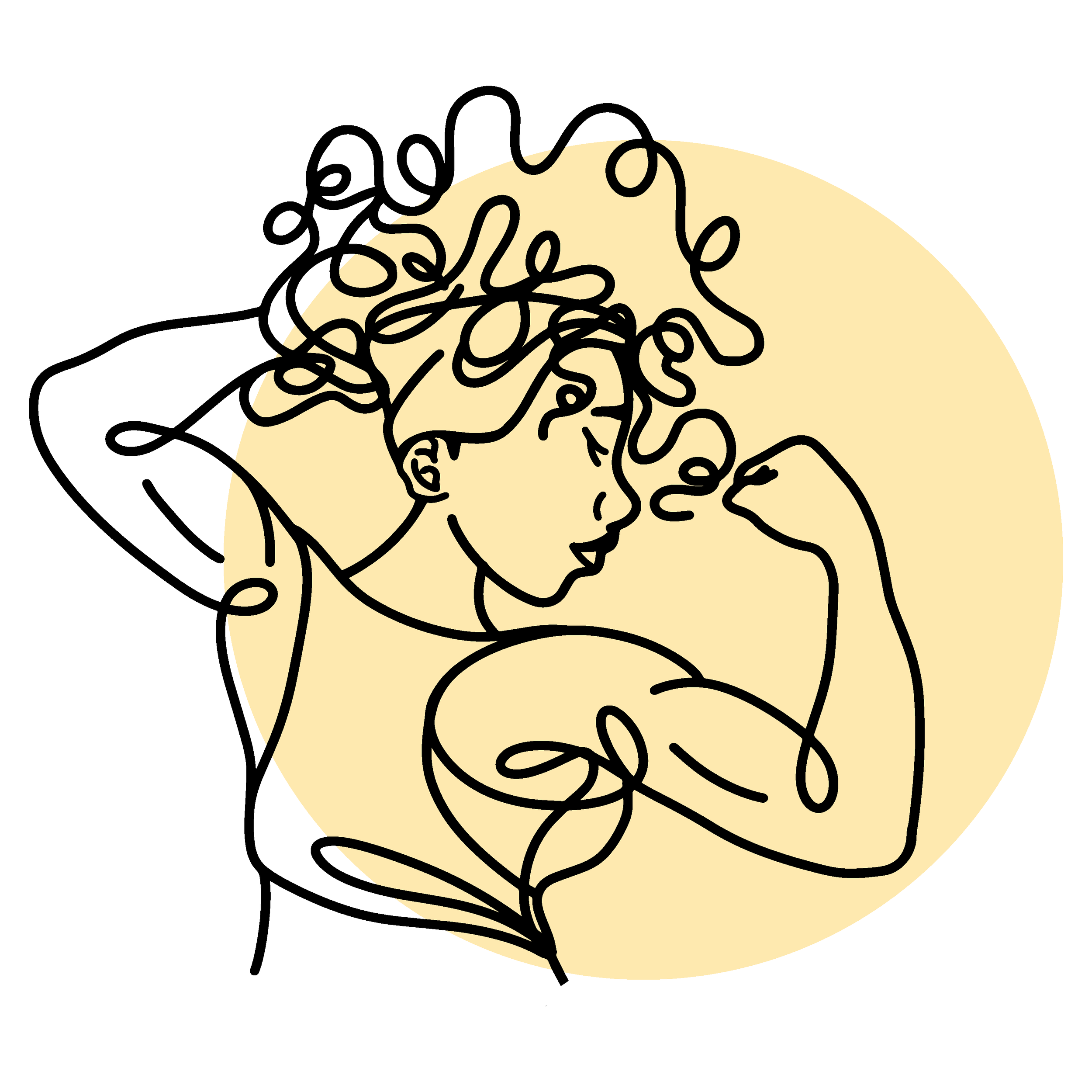 Line drawing of a woman flexing her bicep, with curly hair and a circle background