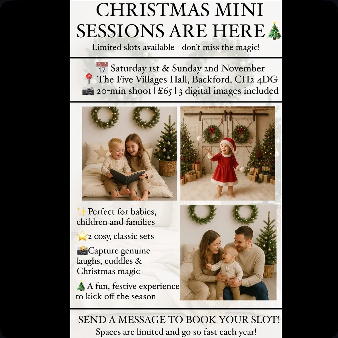 🎄✨ Christmas Mini Sessions are here! ✨🎄
Capture the magic of the season with a festive 20-minute shoot &mdash; perfect for making memories you&rsquo;ll treasure! 

📅 1st &amp; 2nd November
📍 The Five Villages Hall, Backford, CH2 4DG
📷 &pound;65 