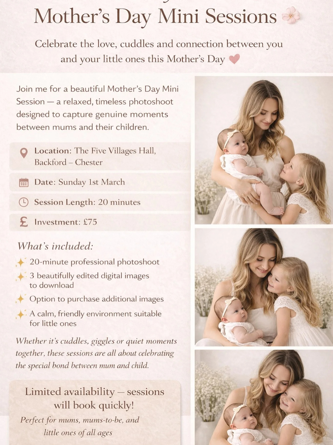 Celebrate the love, cuddles and connection between you and your little ones this Mother&rsquo;s Day 💕

Join me for a beautiful Mother&rsquo;s Day Mini Session &mdash; a relaxed, timeless photoshoot designed to capture genuine moments between mums an