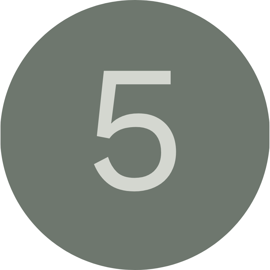 Number five in large white font on a gray circular background.