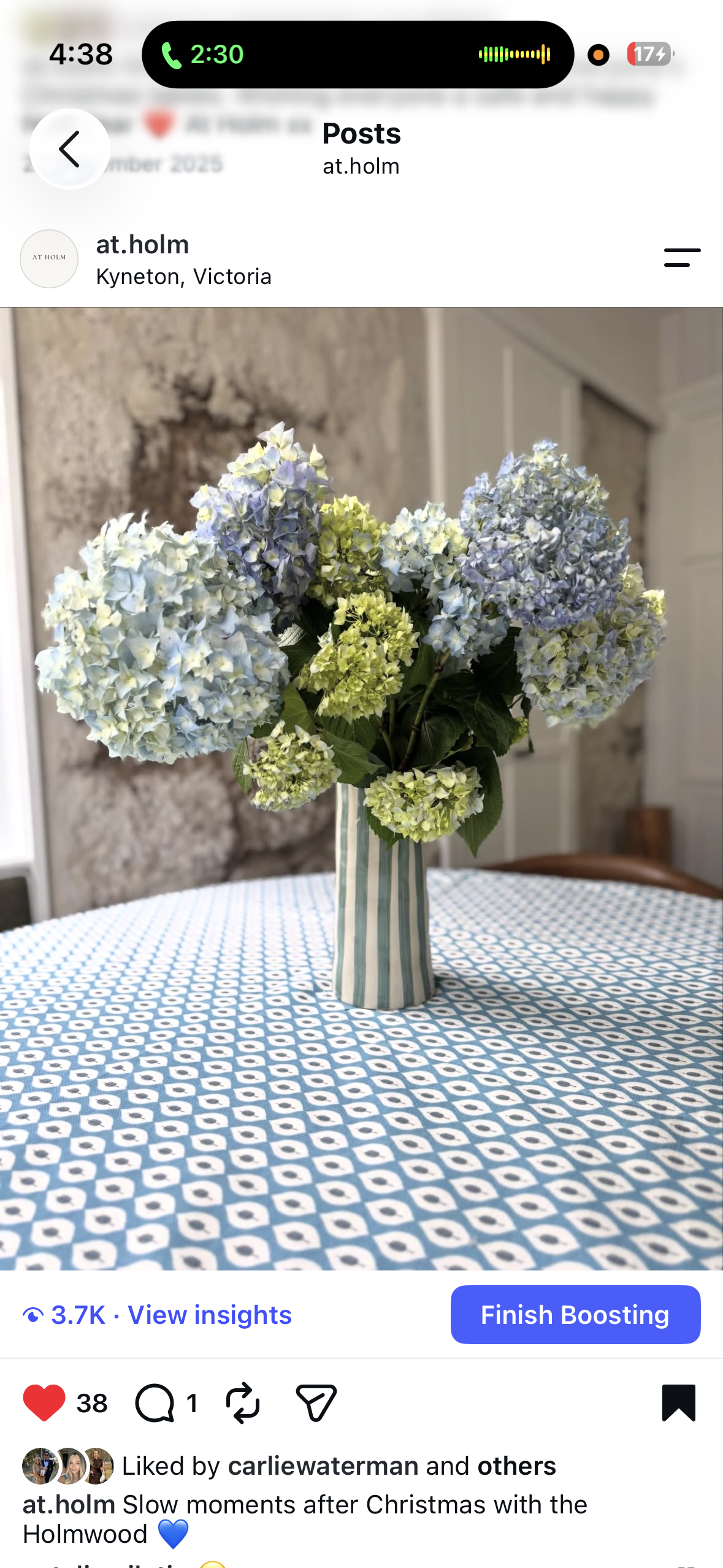 A bouquet of blue and green hydrangea flowers in a striped vase on a patterned tablecloth, indoors with a stone wall background.