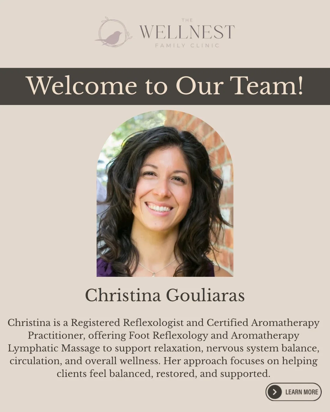 Welcome Christina to The Wellnest Family Clinic! ✨

We&rsquo;re excited to introduce Christina Gouliaras, Registered Reflexologist and Certified Aromatherapy Practitioner, to our team! 🌿

Christina is passionate about helping individuals support the