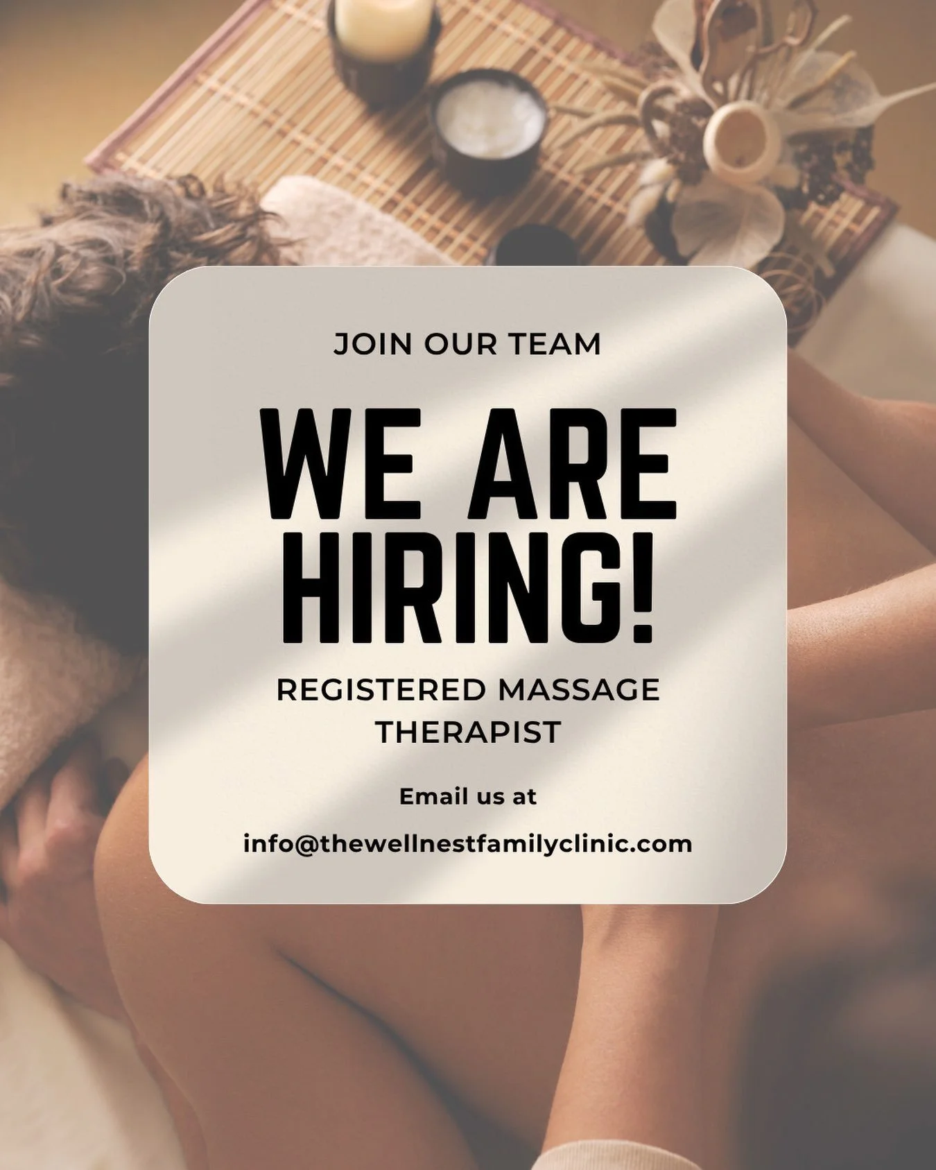✨ We&rsquo;re Hiring! ✨

The Wellnest Family Clinic is looking for a Registered Massage Therapist (RMT) to join our growing team! 🤍

We&rsquo;re looking for someone who is passionate about helping patients feel their best and who values a warm, coll
