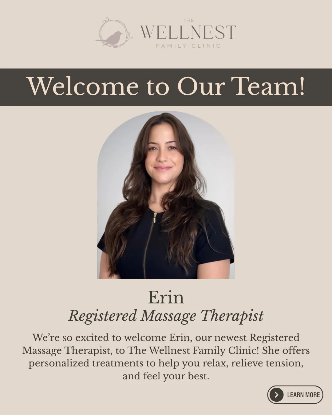 We&rsquo;re so excited to welcome Erin to The Wellnest Family Clinic! 🤍

From relaxation to specialized care, Erin offers personalized massage therapy for every stage of life. Whether you&rsquo;re looking to relieve tension, support recovery, or sim