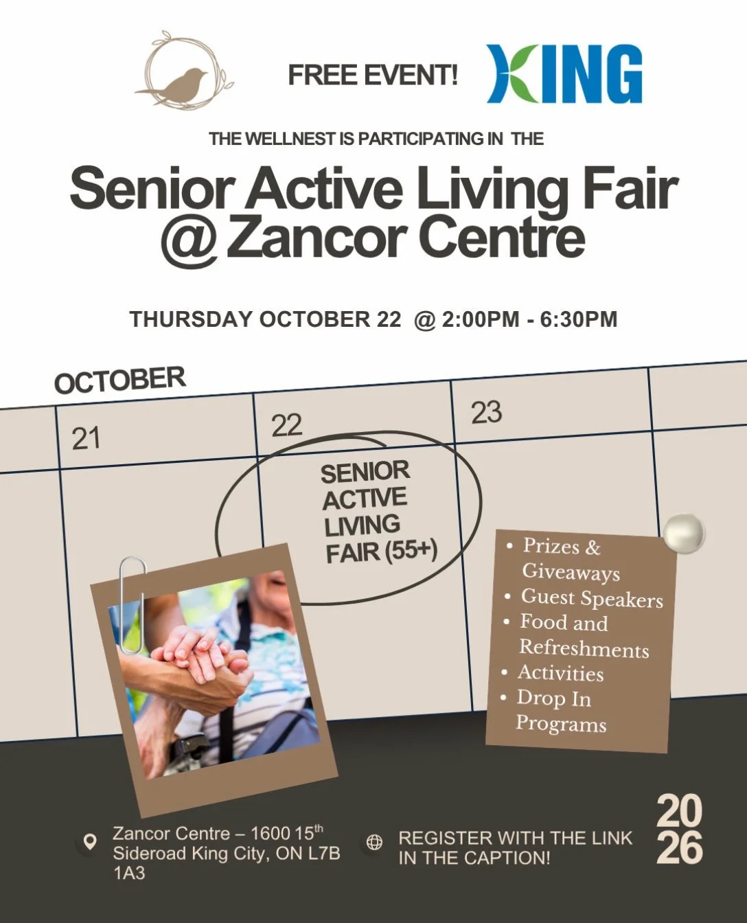 We&rsquo;re excited to be part of the Seniors Active Living Fair at the Zancor Centre in King City! 💙

Join us for an afternoon dedicated to health, wellness, and staying active at every age. Come say hello to The Wellnest Family Clinic team and lea