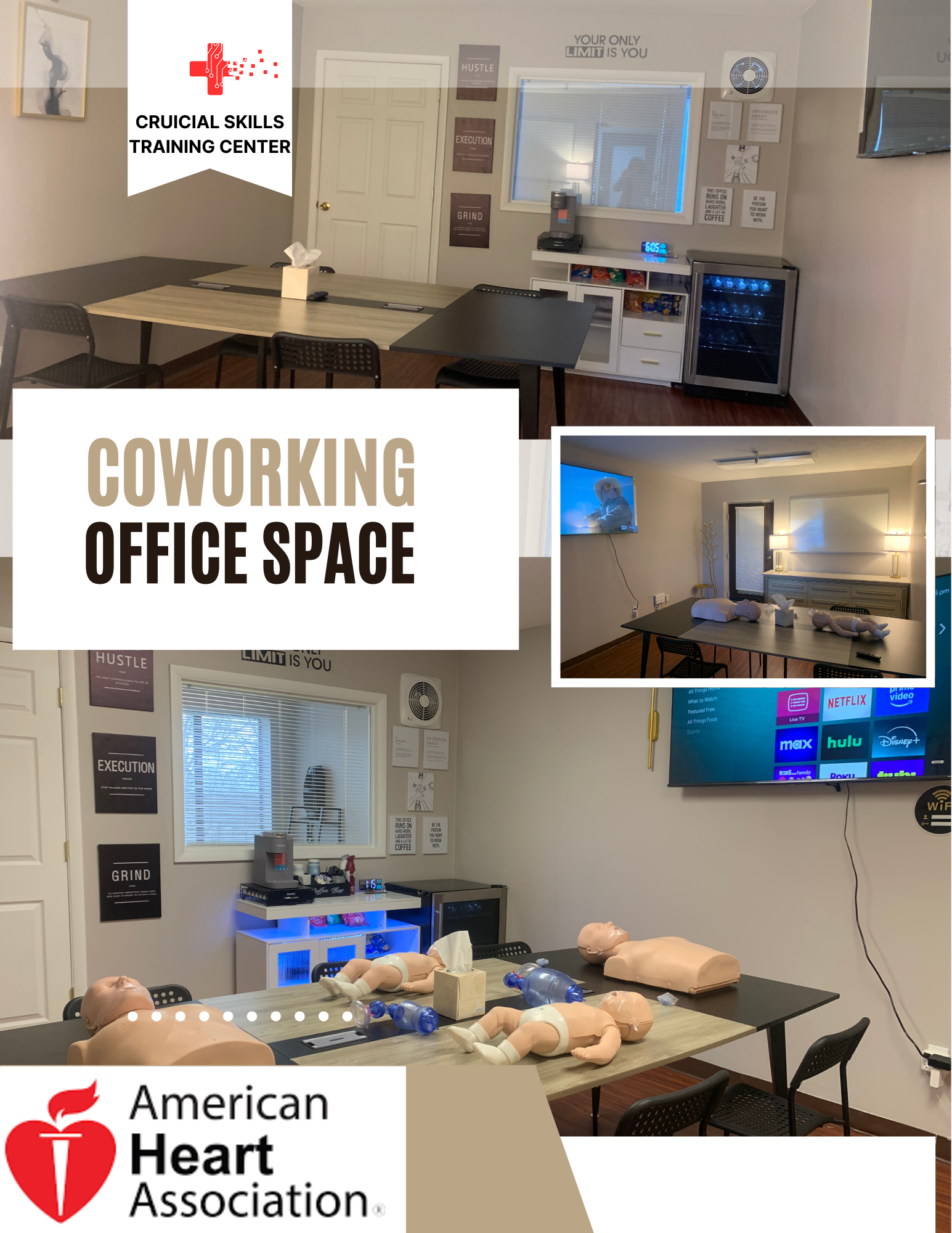 A coworking office space with CPR training mannequins on tables, posters on the wall, a television, and a small refrigerator, organized for emergency preparedness training.