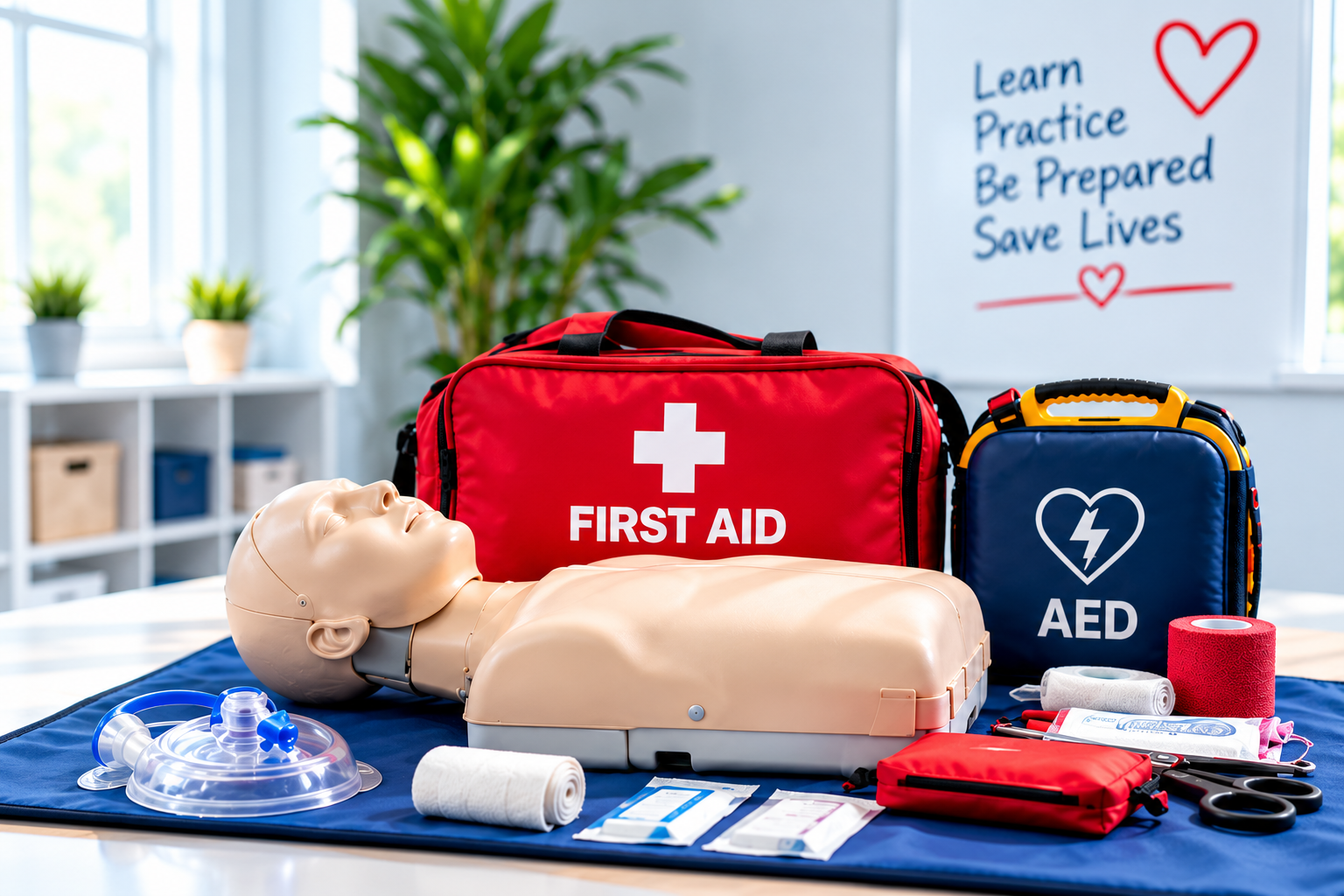 CPR and First Aid training essentials including a CPR manikin, AED, and first aid supplies